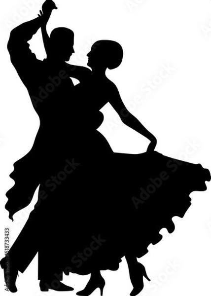 Fototapeta "Silhouette of a couple locked in a passionate ballroom paso doble. The man's pose is angular and dramatic, while the woman’s dress flares like a cape. Minimalist swirls evoke a sense of rhythm and fl