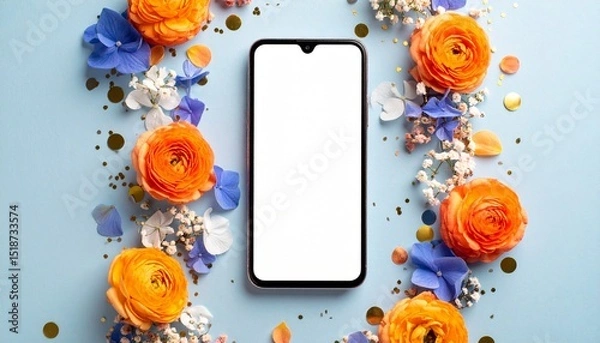 Fototapeta Blank Smartphone Screen with Orange and Blue Flowers and Gold Confetti