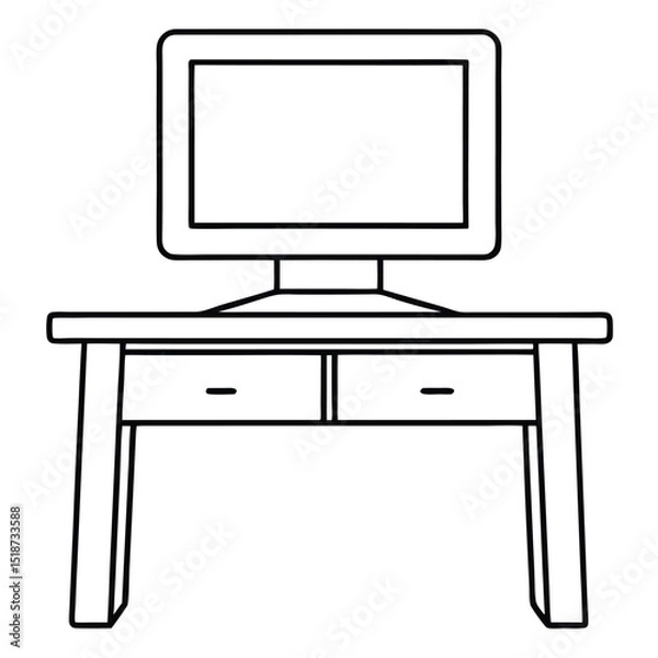 Fototapeta Desk with monitor isolated on transparent background in line art style