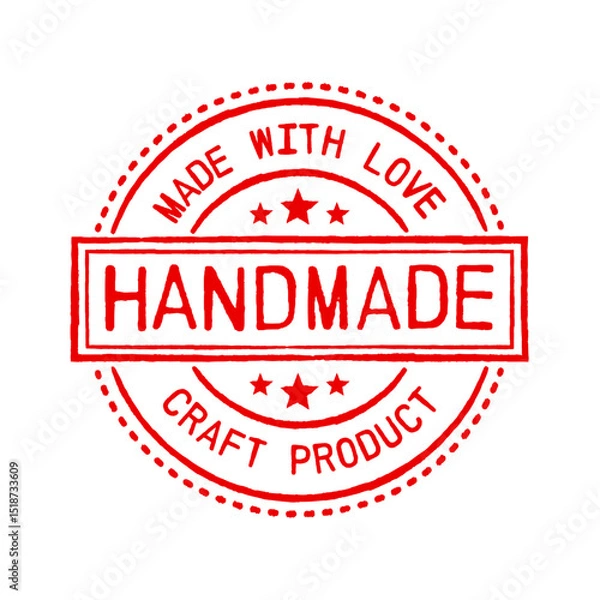 Fototapeta Handmade stamp. Red rubber stamp with text handmade, made with love and craft product. Isolated vector illustration.