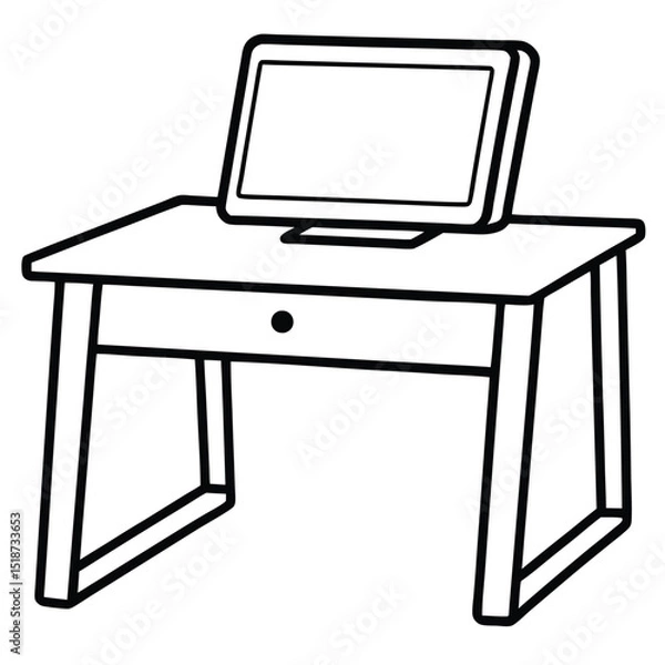 Fototapeta Desk with monitor isolated on transparent background in line art style