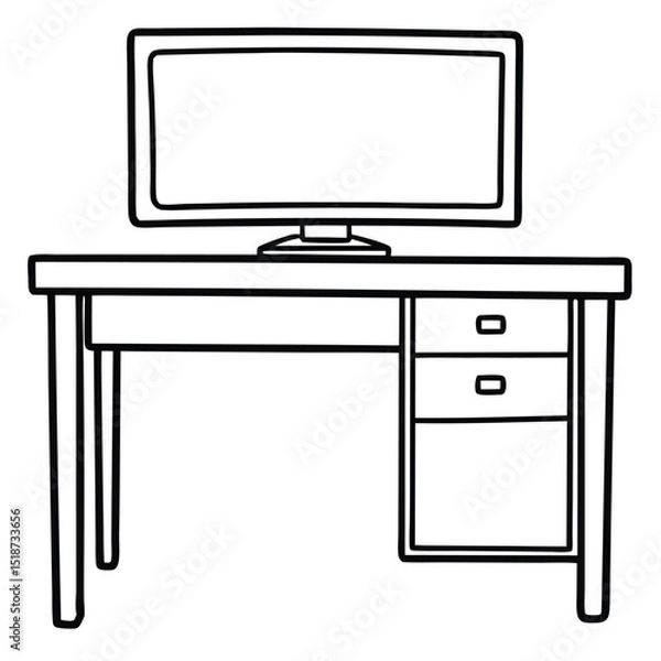 Fototapeta Desk with monitor isolated on transparent background in line art style