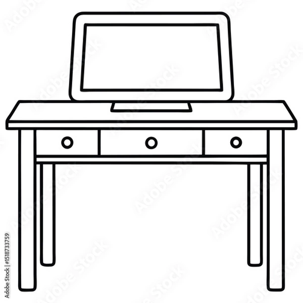 Fototapeta Desk with monitor isolated on transparent background in line art style