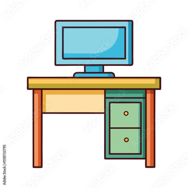 Obraz Desk with monitor isolated on transparent background in line art style