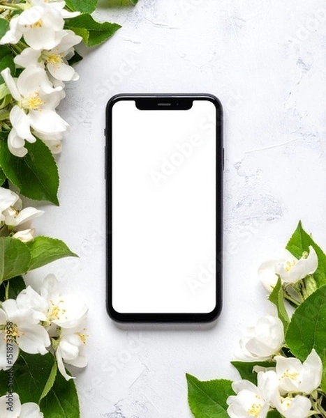 Fototapeta Blank Smartphone Screen Mockup with White Flowers and Greenery on a Textured White Background