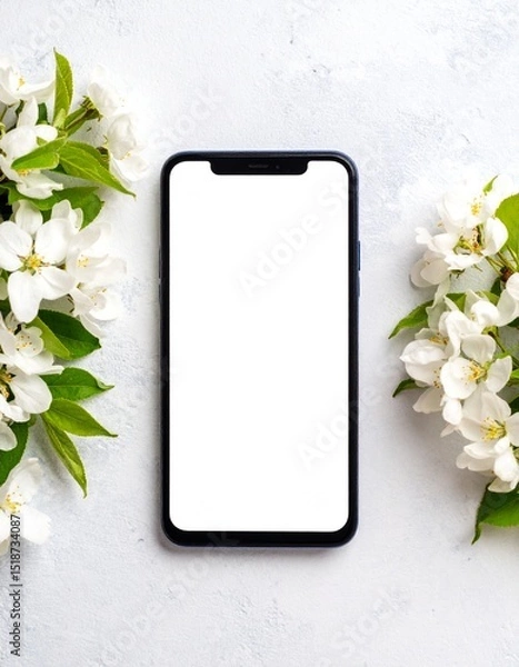 Fototapeta Blank Smartphone Screen Mockup with White Flowers and Greenery on a Textured White Background