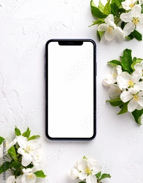 Fototapeta Blank Smartphone Screen Mockup with White Flowers and Greenery on a Textured White Background