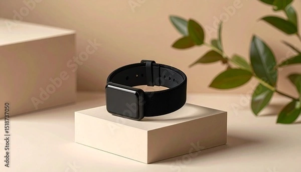 Fototapeta Black Fabric Wristband Product Mockup on Beige Platform