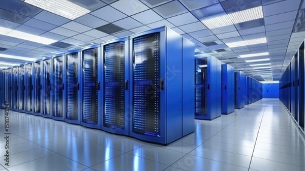 Fototapeta Spacious modern data center with rows of glowing blue server racks in a clean white environment, representing cloud computing, IT infrastructure, and secure digital storage facilities