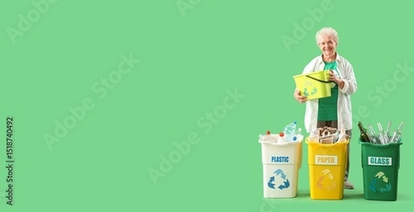 Fototapeta Senior woman sorting garbage on green background with space for text. Recycling concept