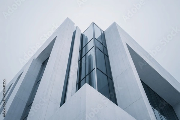Fototapeta Architectural marvel, showcasing a modern building with geometric forms, sleek glass windows, and a minimalist aesthetic against a gray sky.