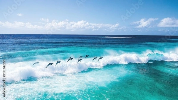 Obraz Dolphins leap over turquoise waves. Sunny ocean scene