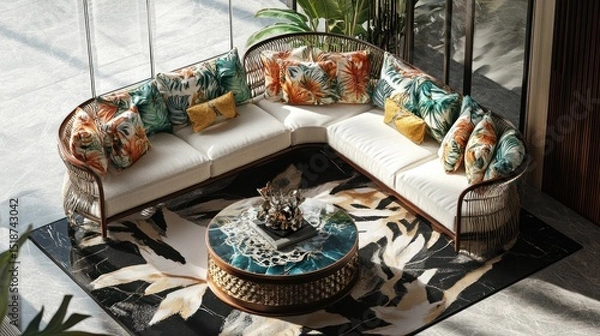 Obraz Stylish corner sofa with patterned cushions and coffee table