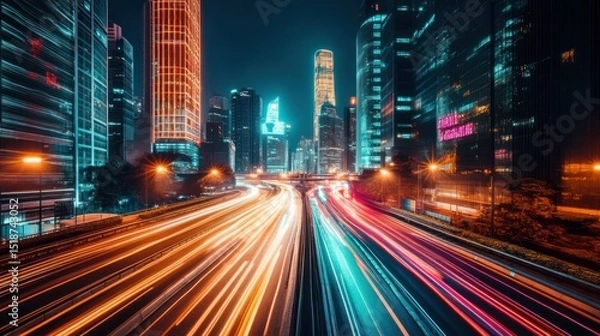 Obraz City highway at night, illuminated by car lights