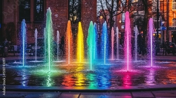 Obraz Colorful fountain at night, reflecting rainbow lights in a city square
