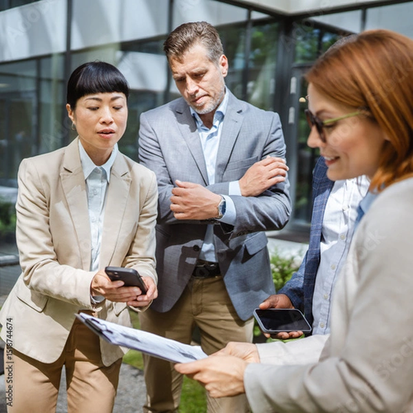 Obraz Japanese businesswoman scan document from clipboard in front company