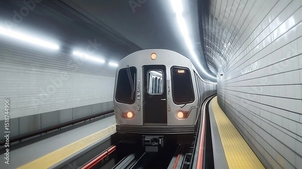 Fototapeta Subway Train Approaching Station in Underground Tunnel