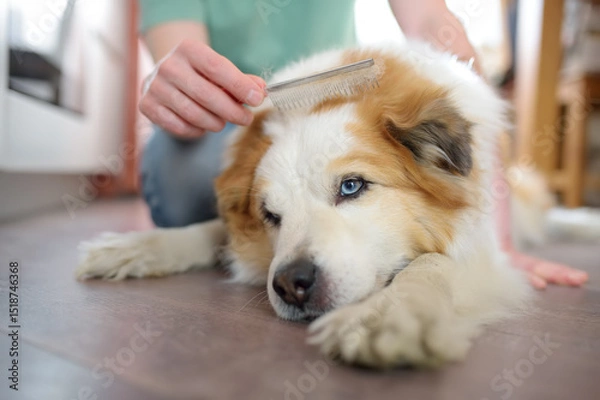Fototapeta A careful owner young man is combing fur of big dog on floor at home