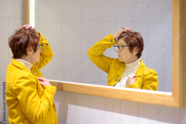 Fototapeta Portrait of an elderly woman in front of a mirror. A beautiful red-haired senior carefully examines her reflection in the mirror.