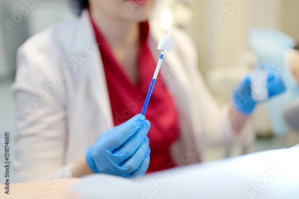 Fototapeta Gynecologist examines a patient takes a smear from a woman cervix. Close up view of doctor hands with gynecological cytobrush. Diagnosis of female viral and infection diseases.