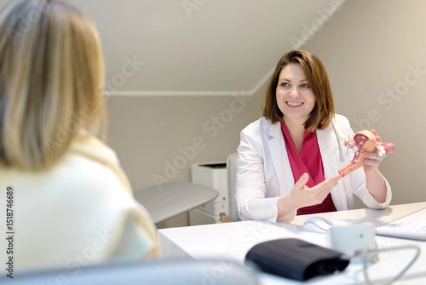 Fototapeta Gynecologist during appointment of patient. Doctor shows anatomical model of internal female organs and explains about disease. Gynecological consultation of treatment tactics