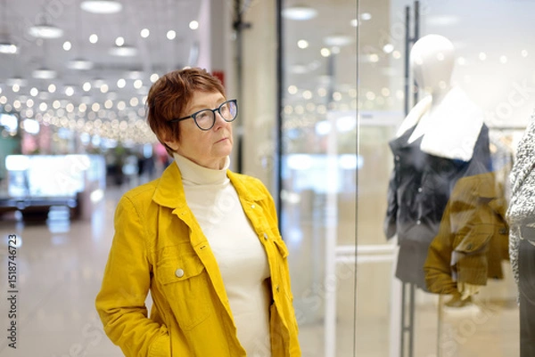 Fototapeta Portrait of elderly woman during shopping at mall. Beautiful red-haired senior lady chooses clothes for herself while looking at new models on mannequins in a showcase