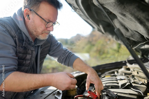 Fototapeta A middle-aged man repairs a car during a trip