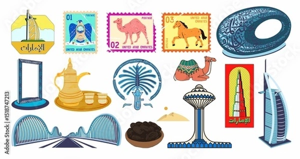 Obraz A vibrant illustration showcasing a collection of iconic symbols and elements of the United Arab Emirates.