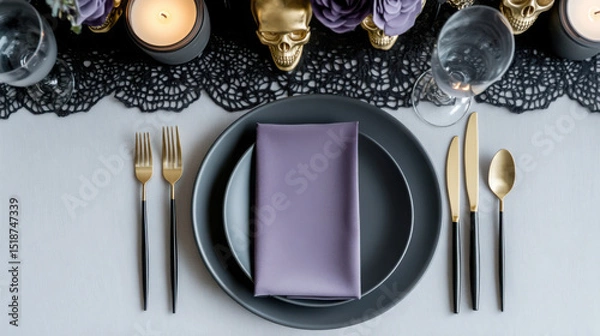 Fototapeta Elegant gothic halloween table setting with skulls and candlelight