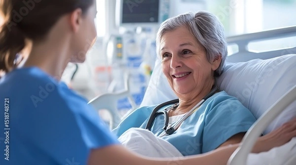 Fototapeta Compassionate Care: A Nurse and Patient Share a Moment of Connection in a Hospital Room