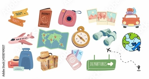 Obraz Cute travel icon set with passport, plane, map, suitcase, camera and compass.