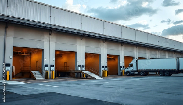 Obraz Contemporary industrial warehouse with spacious loading docks and designated truck bays for efficient logistics operations, cinematic. isolated with white highlights