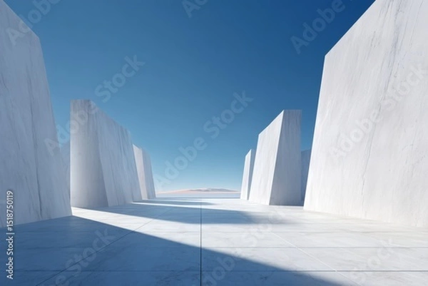 Fototapeta Minimalist architectural space with geometric white walls and clear blue sky, creating a sense of clean, modern serenity.