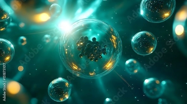 Fototapeta A vibrant depiction of microscopic bubbles, showcasing intricate patterns and glowing lights