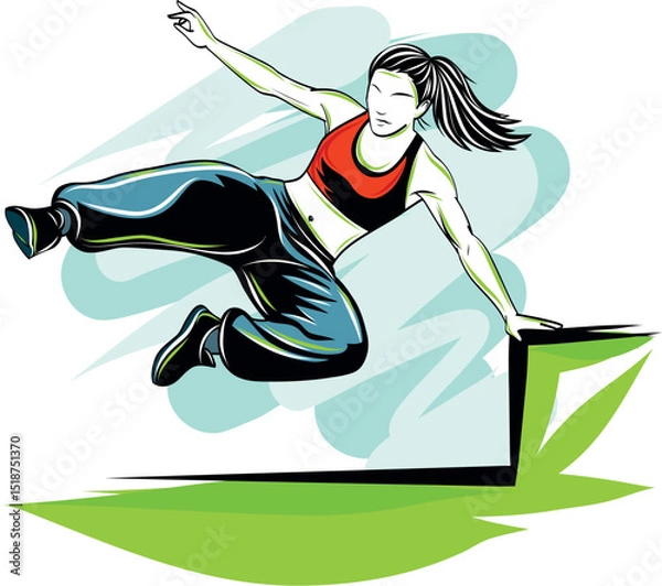 Obraz illustration of a person performing a dynamic parkour jump over a fence in an urban setting.