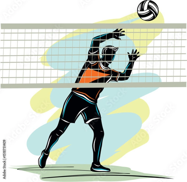 Obraz Volleyball player jumping to block a ball during a match.