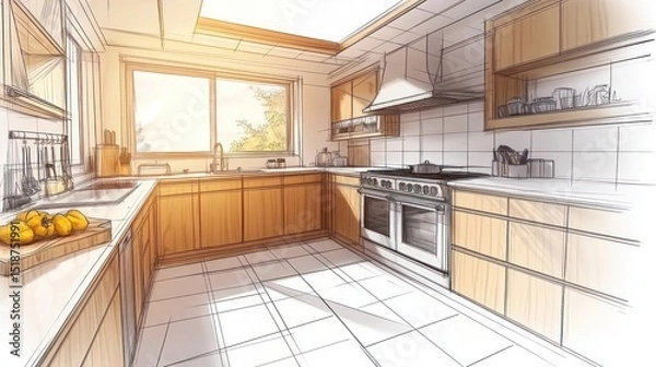 Fototapeta A sketch of a modern kitchen design.