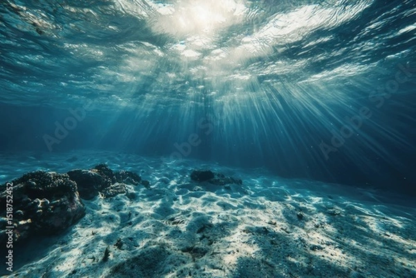 Fototapeta Mesmerizing underwater scene: sunbeams illuminate ocean floor, coral reef, and sandy seabed. stunning underwater photography showcasing the beauty of marine life and sunlight's ethereal effect.