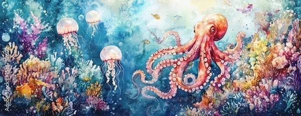 Fototapeta Vibrant  octopus and jellyfish in a coral reef scene: underwater ocean