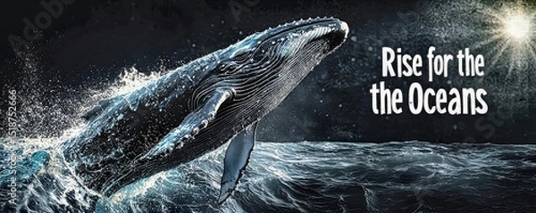Fototapeta Rise for the oceans: majestic humpback whale breaching, artistic ocean conservation image