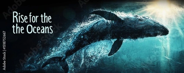 Fototapeta Rise for the oceans: majestic humpback whale leaps through turquoise waters – a breathtaking artistic depiction of ocean conservation