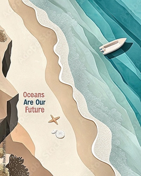 Fototapeta Ocean serenity: coastal  featuring boat, starfish, and inspirational message 'oceans are our future'