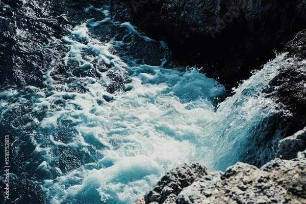 Fototapeta Stunning aerial view of ocean water crashing against rocky coastline: turquoise waves, white foam, dramatic texture