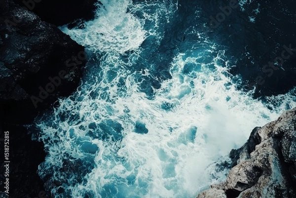 Fototapeta Stunning aerial view of ocean waves crashing against rocky coastline: turquoise waters & white foam