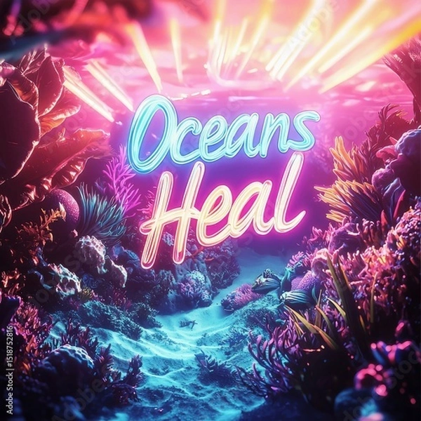 Fototapeta Vibrant neon oceans heal: underwater scene with glowing coral reef and inspirational message