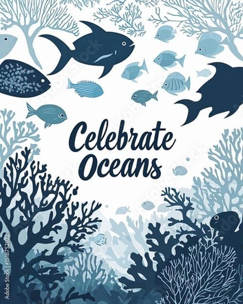 Fototapeta Celebrate oceans: underwater scene with diverse fish and coral reefs | artistic ocean life illustration in blues