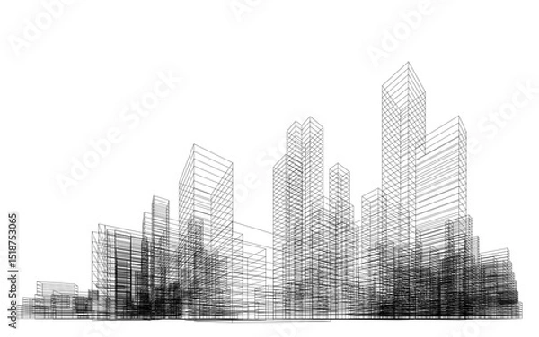 Fototapeta 3D wireframe perspective of building. Abstract wireframe city background for template design.
