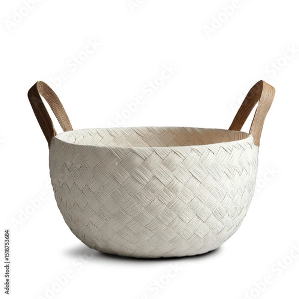 Fototapeta White woven basket with sturdy leather handle isolated on transparent background, perfect for lifestyle designs.