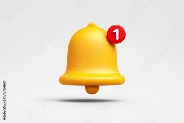 Fototapeta 3D Notification Bell Icon with Red Alert Badge, Yellow Bell on White Background, Minimalist UI Element, Modern App Notification Symbol