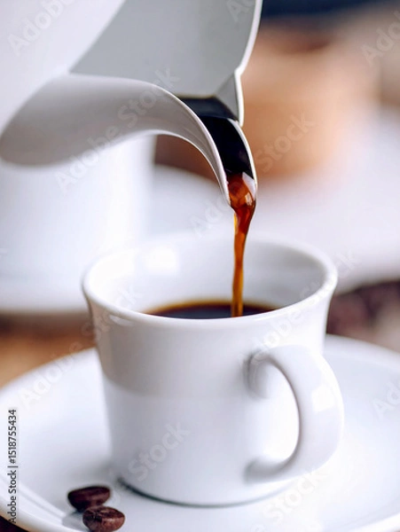 Obraz Freshly brewed espresso is poured into a small white cup, creating a inviting scene for coffee lovers.